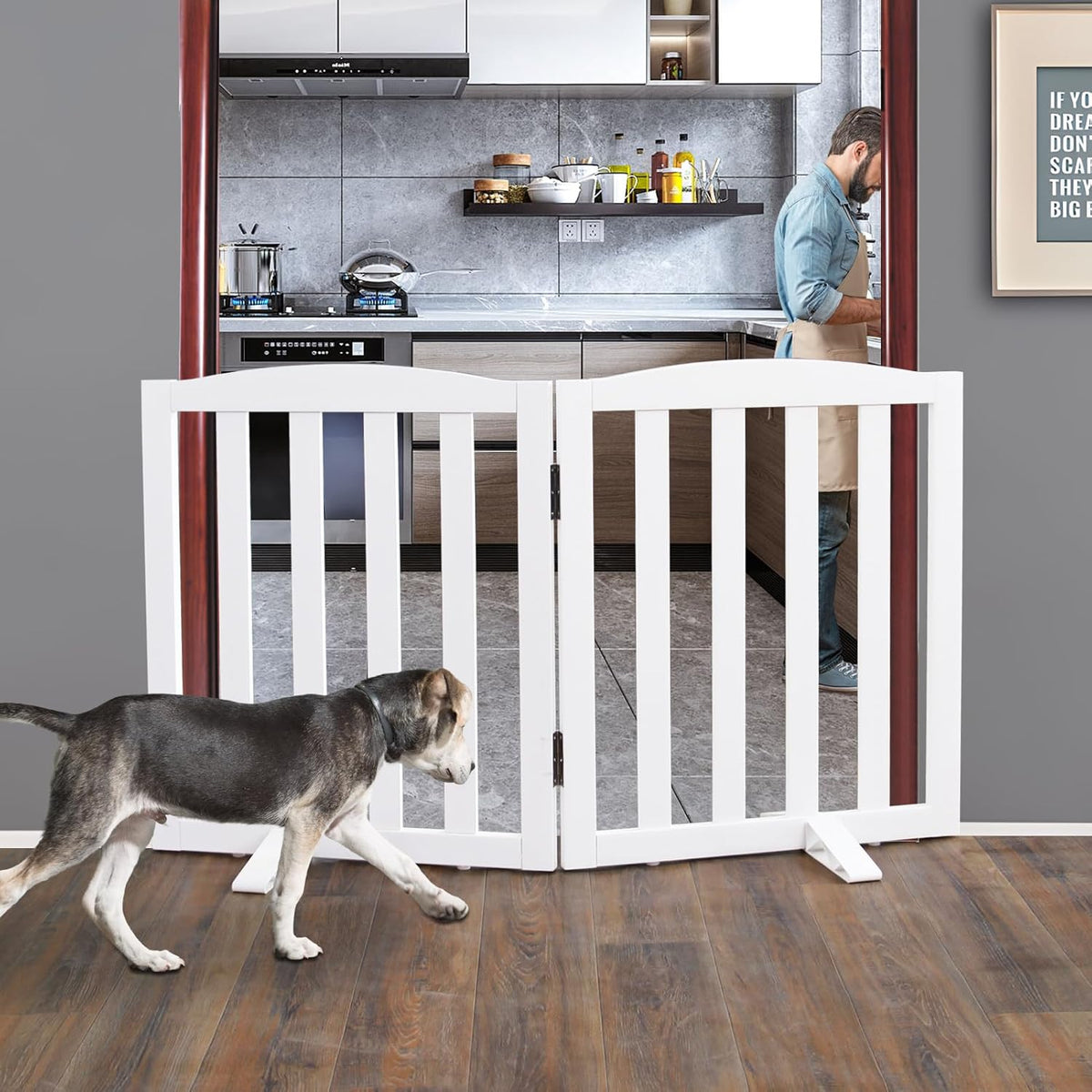 ZJSF Foldable Freestanding Indoor Dog Gate for House Wood White Long Pet Gates Dog Fence for Stairs