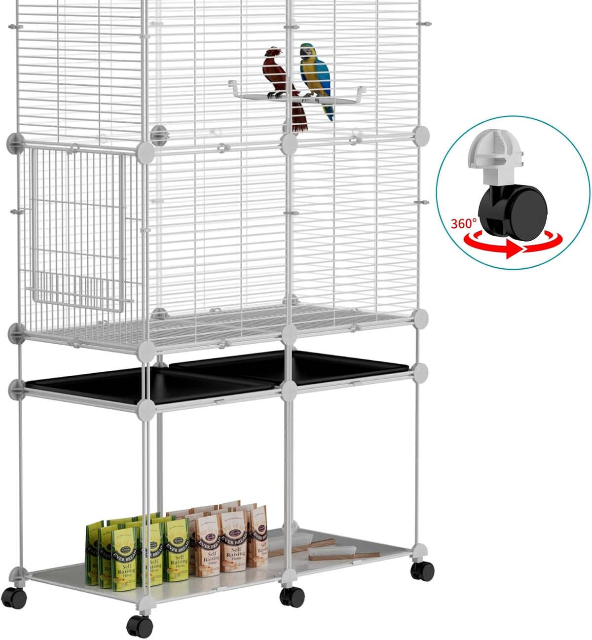 Standing Large Bird Cage, Parakeet Cage with Detachable Stand & Wheels, Wide Flight Birdcage for
