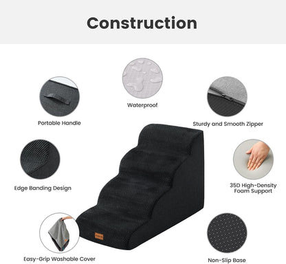 Gardner Pet Dog Stairs for Small Dogs 19.7" H, 4-Step Black Curved Pet Stairs, Dog Steps for High