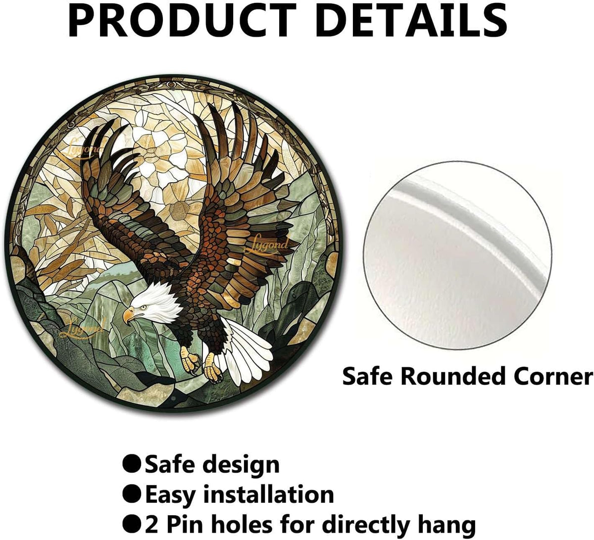 Lygond Metal Sign Tin Sign Circular Stained Glass American Bald Eagle Inspirational Wall Art for