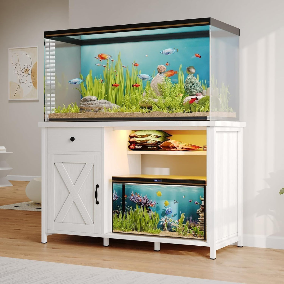 55 Gallon Fish Tank Stand with LED Light & Power Outlets, 55-75 Gallon Aquarium Stand with Drawer &