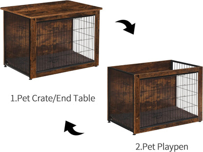 DWANTON Dog Crate Furniture with Cushion, Wooden Kennel Table with Double Doors, Indoor Dog House