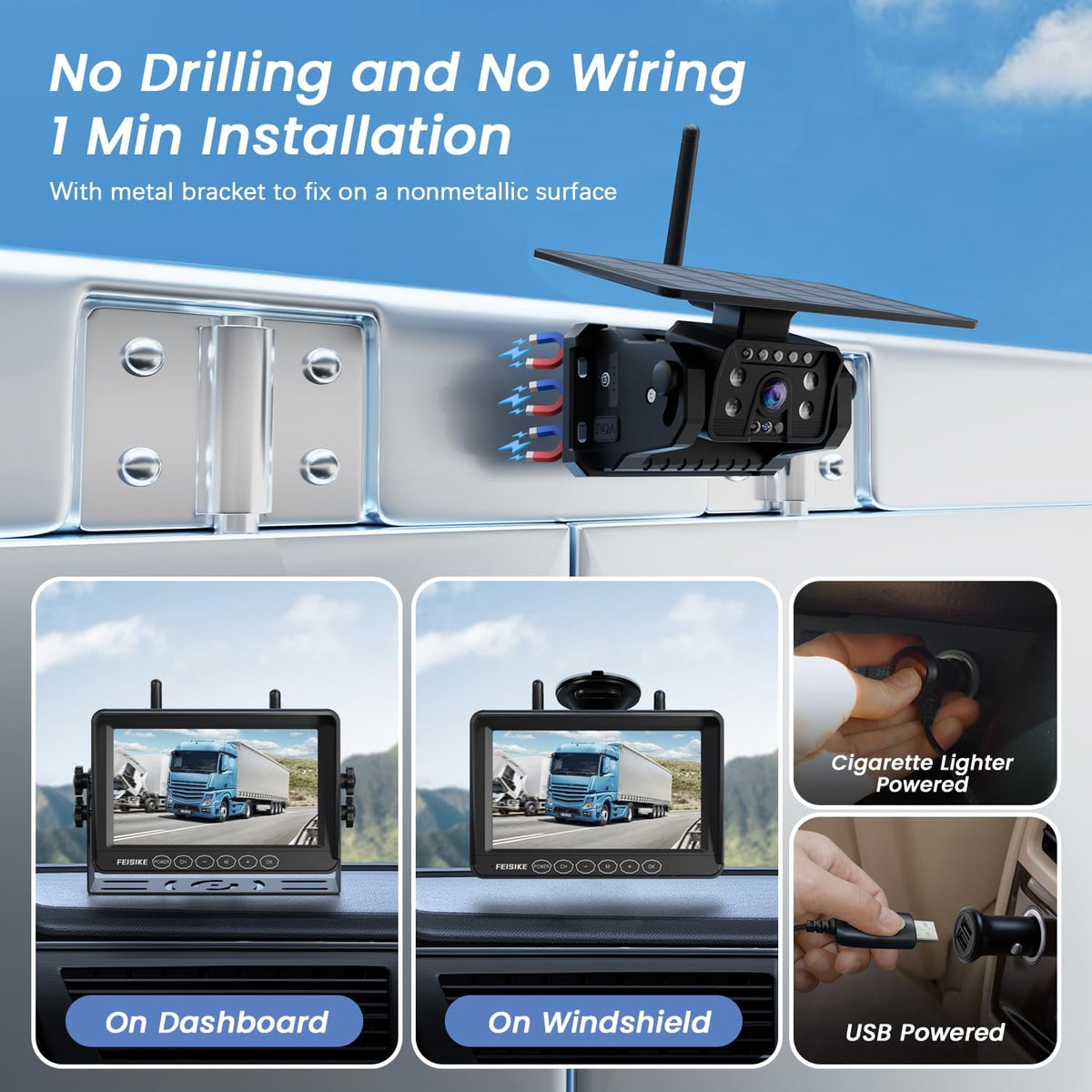 Dual Magnetic Solar Wireless Backup Camera for RV Truck Trailer ??7" 1080P Monitor with Recording