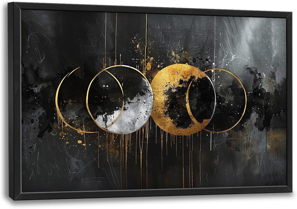 Quorin Abstract Sun Moon Large Wall Art Black and Gold Circle Pictures Sun and Moon Wall Decor