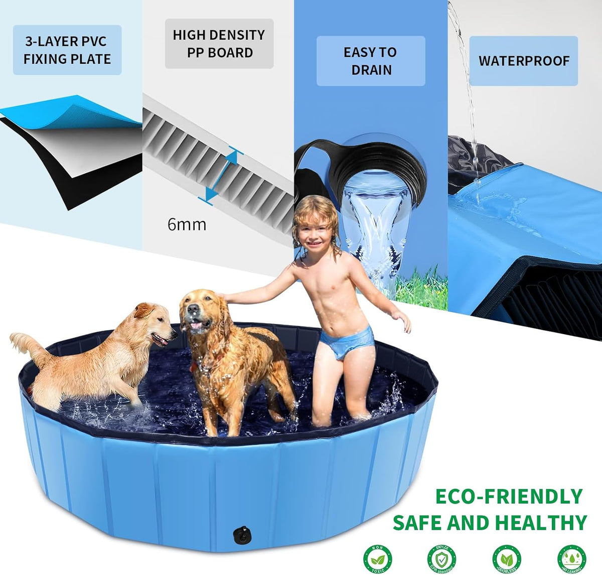 Foldable Dog Pool, 47" x 12" Kiddie Pool with Hard Plastic, Non-Slip Dog Bath Tub for Outdoor