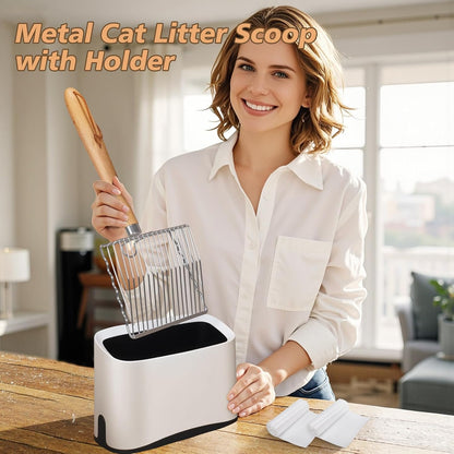 Metal Cat Litter Scoop with Holder, Poop Scooper with Stand and 2 Rolls of Garbage Bags, Heavy Duty