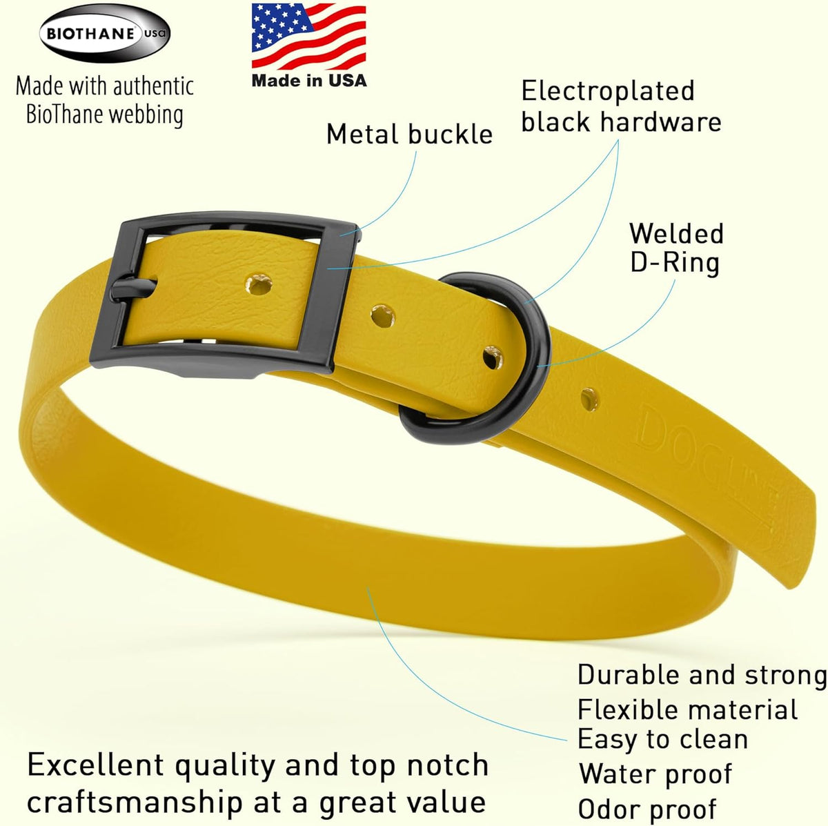 Dogline Biothane Waterproof Dog Collar Strong Coated Nylon Webbing with Black Hardware Odor- Proof