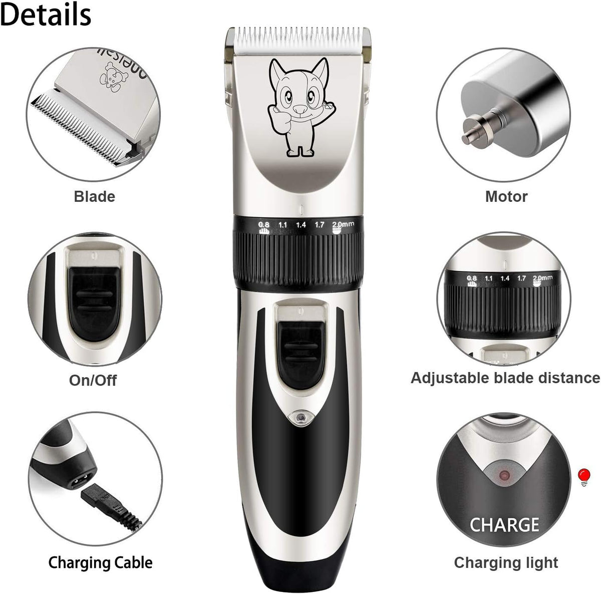 Dog Grooming Kit Clippers, Low Noise, Electric Quiet, Rechargeable, Cordless, Pet Hair Thick Coats