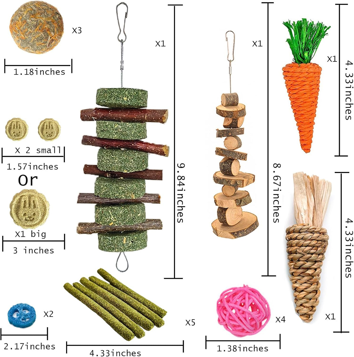 Grddaef 20 PCS Bunny Chew Toys for Teeth, Natural Rabbit Toys Apple Wood Grass Timothy Sticks Chew
