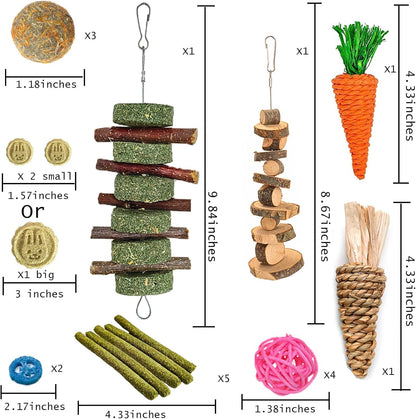 Grddaef 20 PCS Bunny Chew Toys for Teeth, Natural Rabbit Toys Apple Wood Grass Timothy Sticks Chew