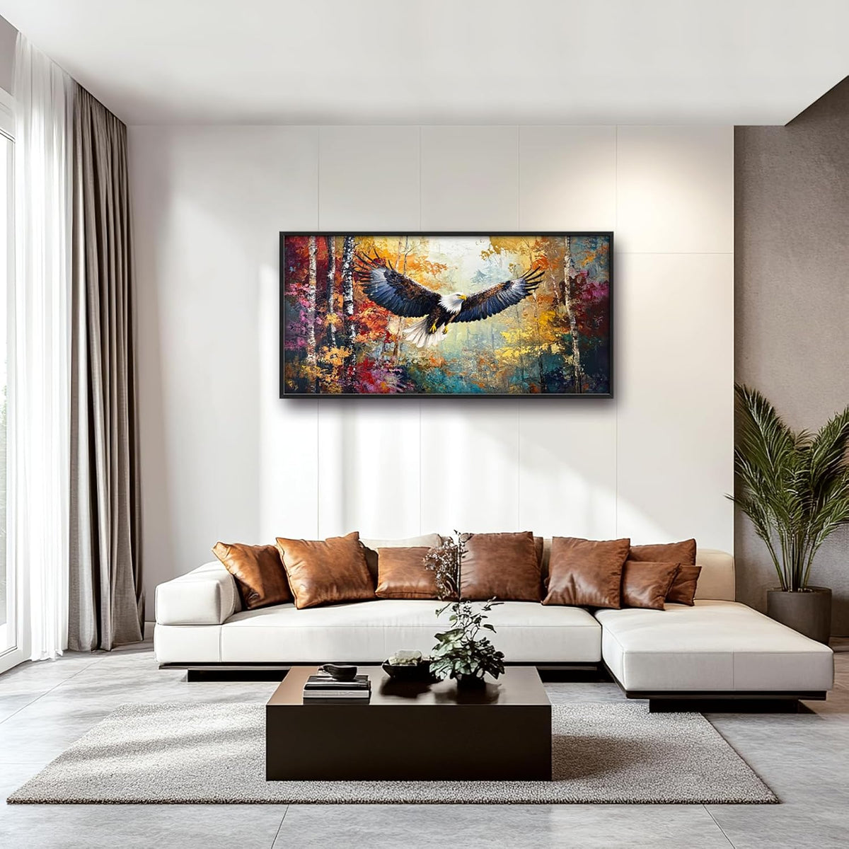 Extra Large Framed Bald Eagle Wall Art,Abstract Colorful Forest Wall Decor,Autumn Fall Forest