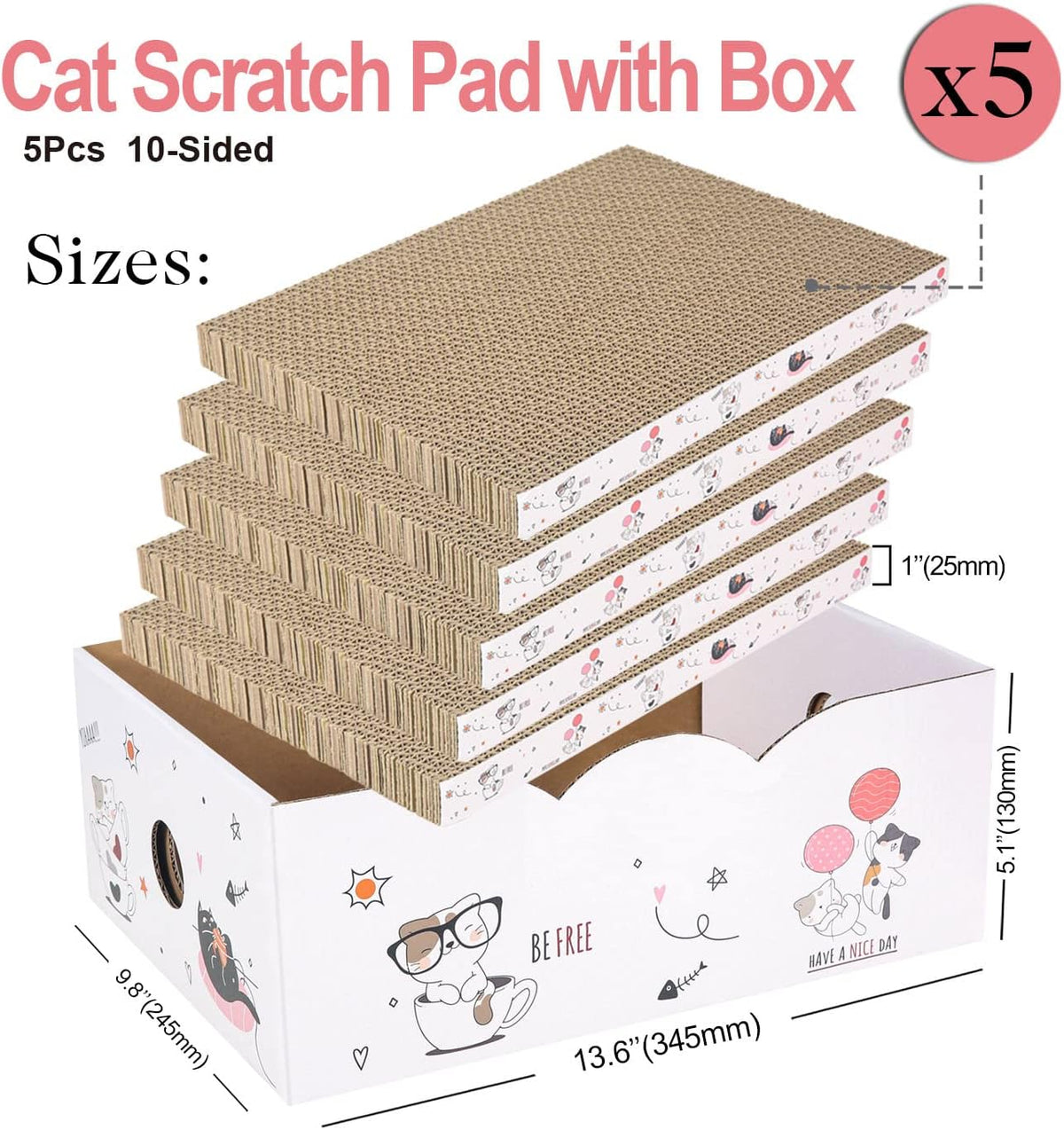 5 Packs in 1 Cat Scratch Pad with Box, Cat Scratcher Cardboard,Reversible,Durable Recyclable