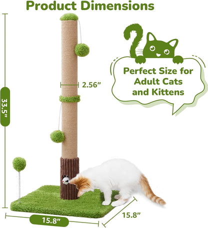 33" Tall Cat Scratching Post for Indoor Cats, Premium Sisal Scratch Posts with Cat Toys and Fun