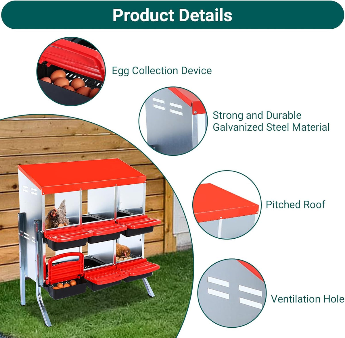 Chicken Nesting Box, 6 Hole 2 Layer Hen Nest Boxes with Legs, Roll Away Eggs Laying Boxes,Cleanable