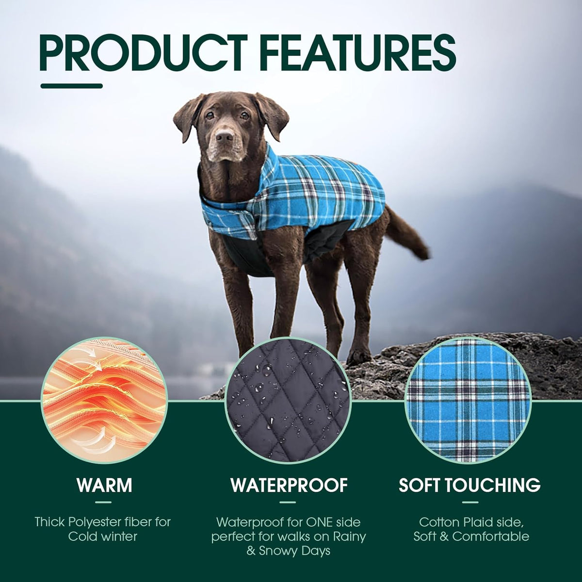 Kuoser Waterproof Dog Coat, Reversible Dog Jacket for Large Dogs, Adjustable Durable Doggie Winter