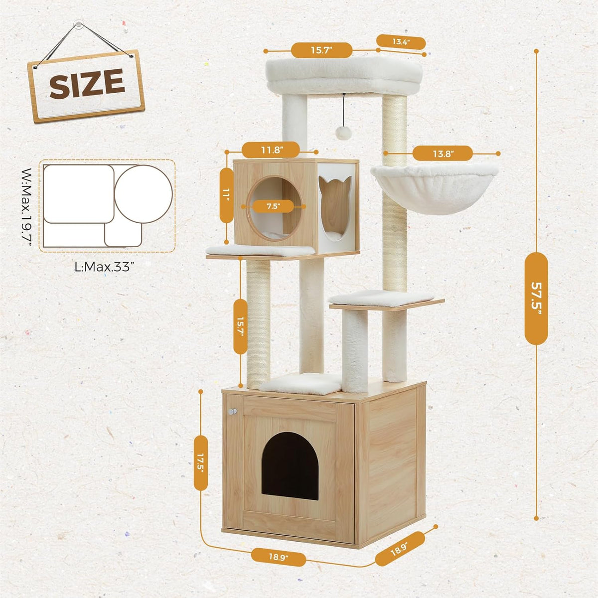 PEQULTI 57.5" Cat Tree with Litter Box Enclosure Large, Wood Cat Tower for Indoor Cats with Storage
