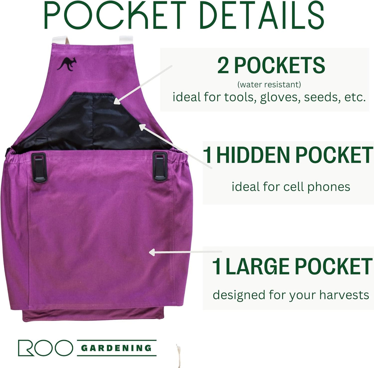 Roo Gardening Apron with Pockets & Harvesting, Picking Pouch - Adjustable, Water-resistant