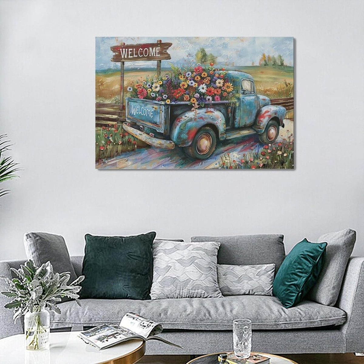 Farmhouse Truck Wall Art Rustic Country Wildflowers Wall Decor Road Flowers Landscape Pictures