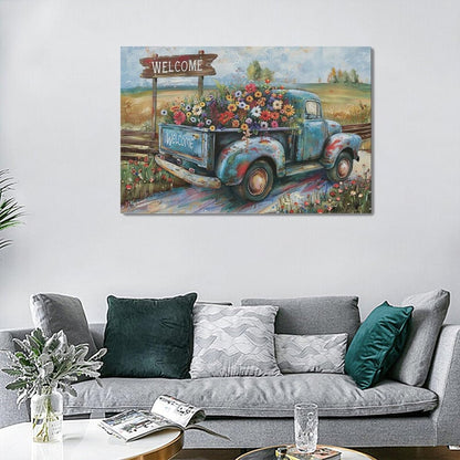 Farmhouse Truck Wall Art Rustic Country Wildflowers Wall Decor Road Flowers Landscape Pictures
