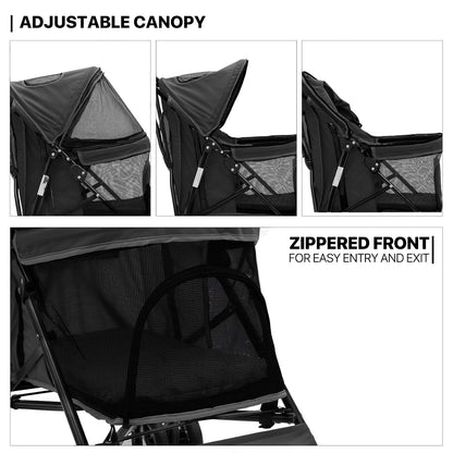 MoNiBloom 4 Wheels Pet Stroller, Easy-Fold Puppy Cage Jogger Stroller with Sun Cover, Pad and Rear