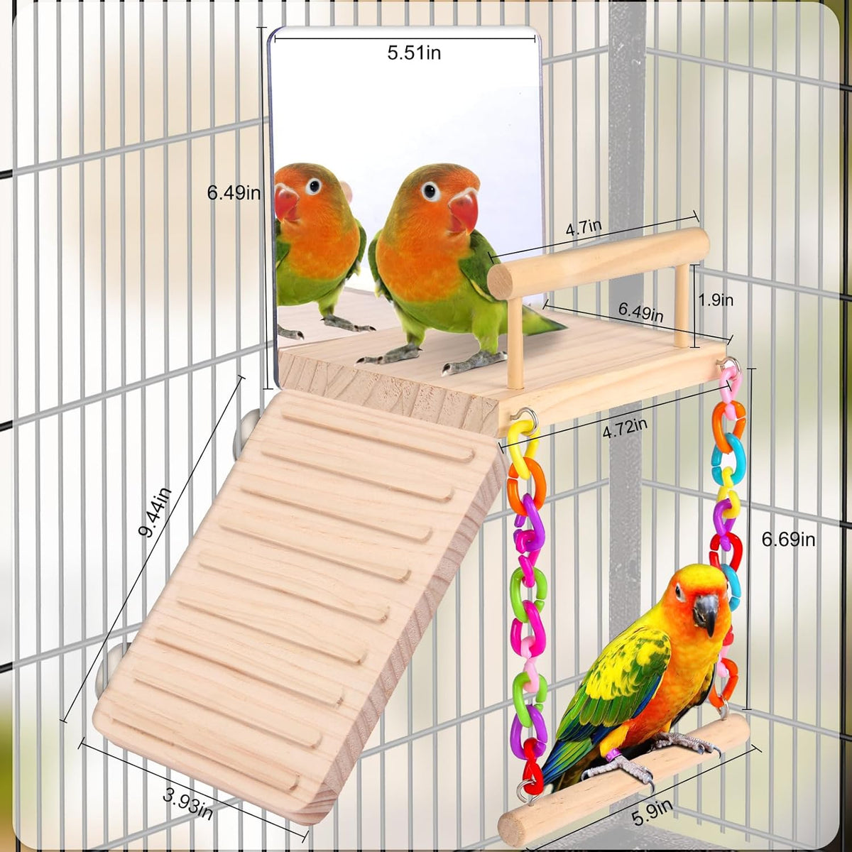 KyoukiBird Perch Platform Bird Toys with Bird Mirror Climbing Ladder Swing, Parakeet Cage