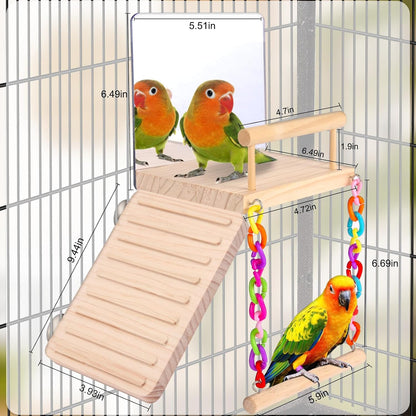 KyoukiBird Perch Platform Bird Toys with Bird Mirror Climbing Ladder Swing, Parakeet Cage