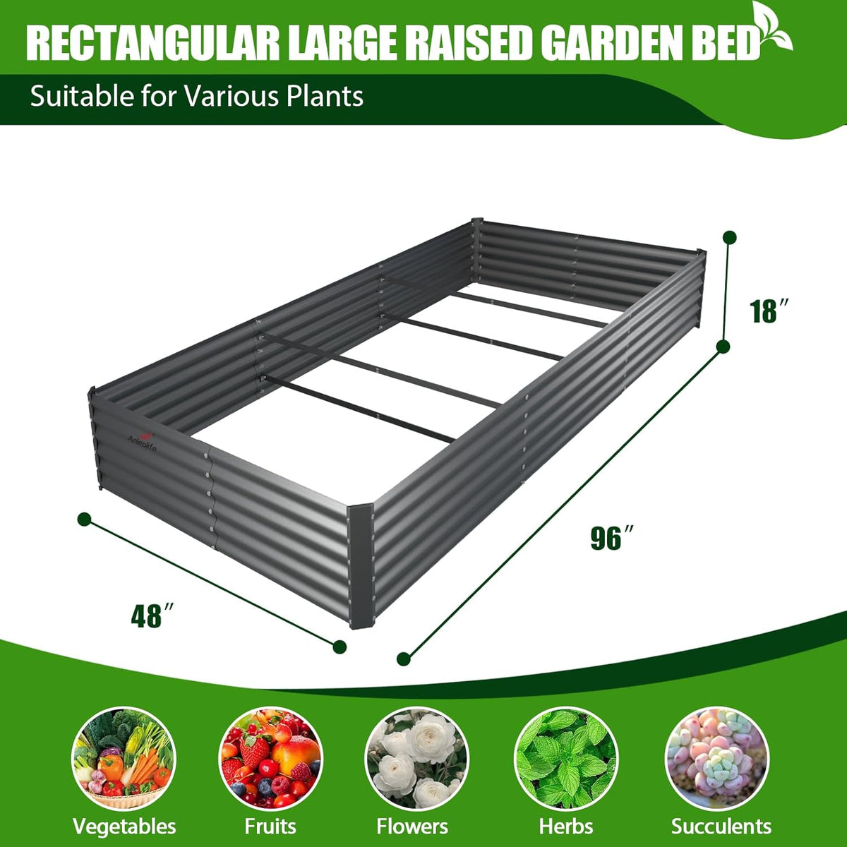 A ANLEOLIFE 8X4X1.5ft Galvanized Raised Garden Bed Kit, Rectangular Large Metal Deep Root Planters
