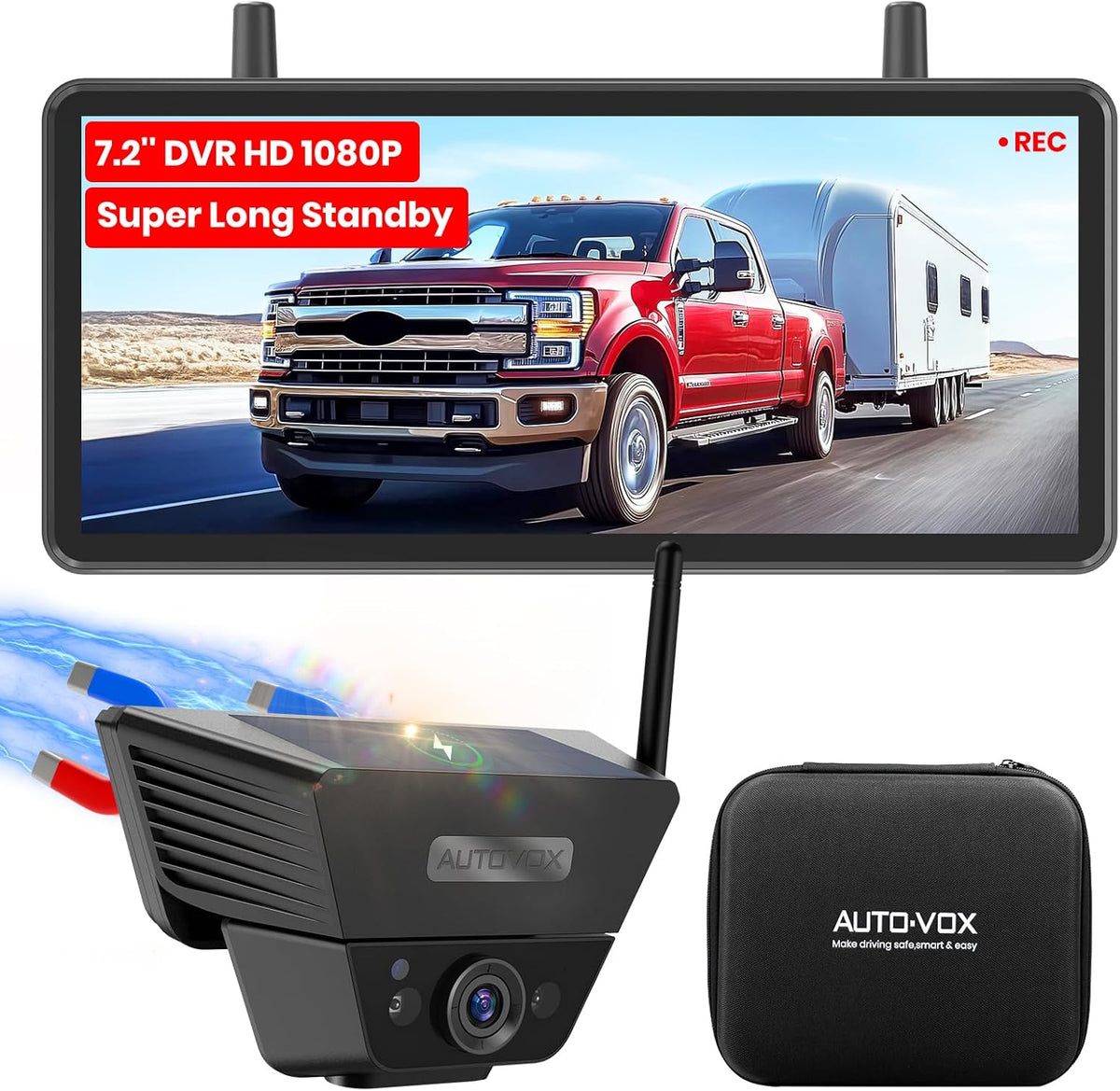 AUTO VOX Wireless Backup Camera Solar Magnetic: with 7.2" DVR 1080P 2 Split Recording Monitor, Dual