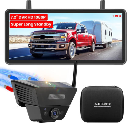 AUTO VOX Wireless Backup Camera Solar Magnetic: with 7.2" DVR 1080P 2 Split Recording Monitor, Dual