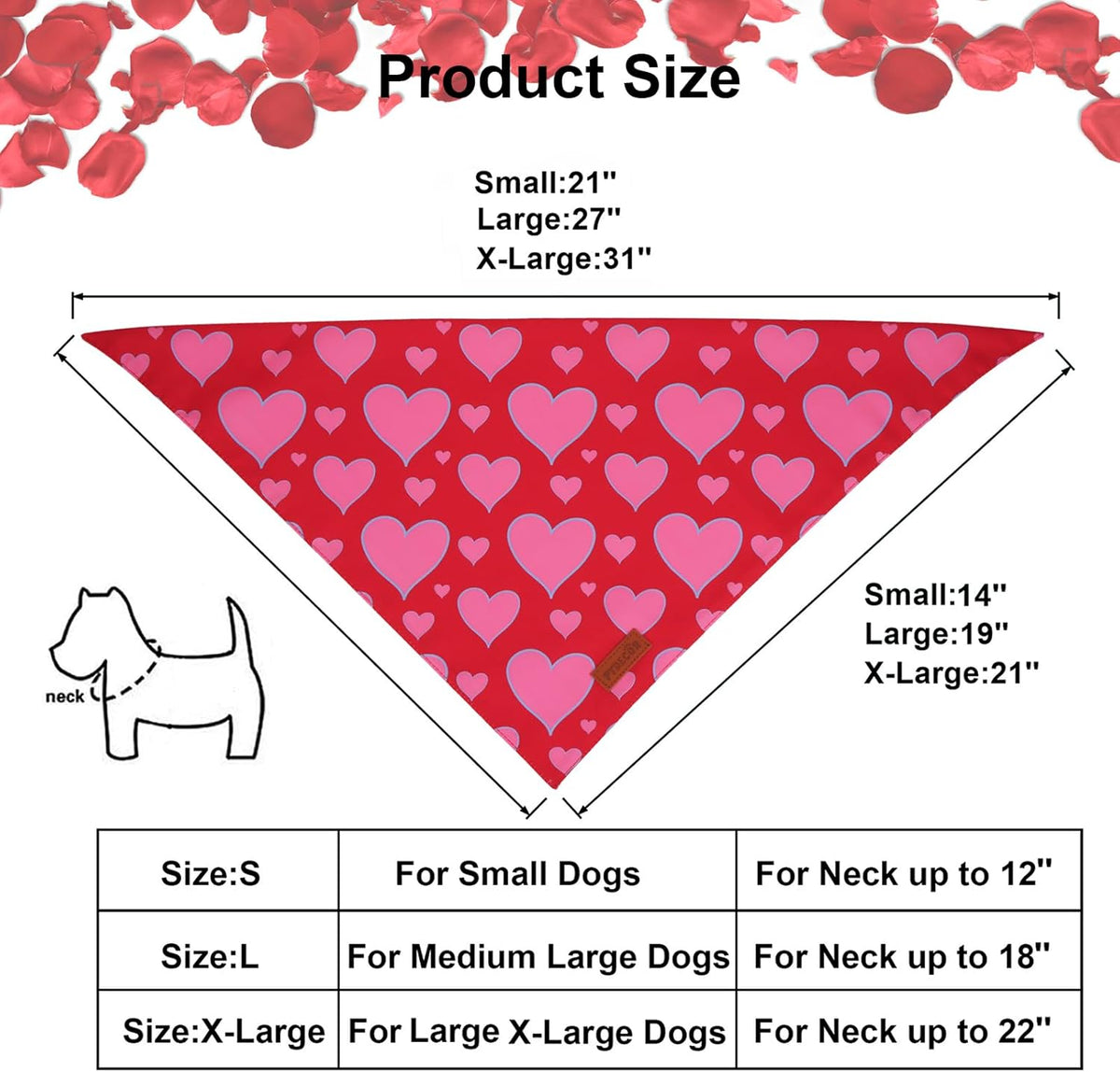 PTDECOR Valentine Dog Bandana, Reversible Valentine Pet Scarf, Multi Size, Red Heart Bandanas for