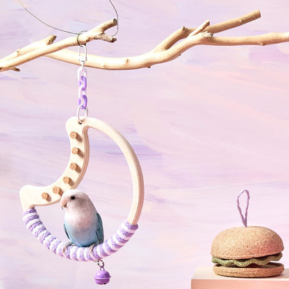 Natural Bird Swing - Moon-Shaped Parrot Perch with Bell and Cork Toys, Spinning Wooden Stand for