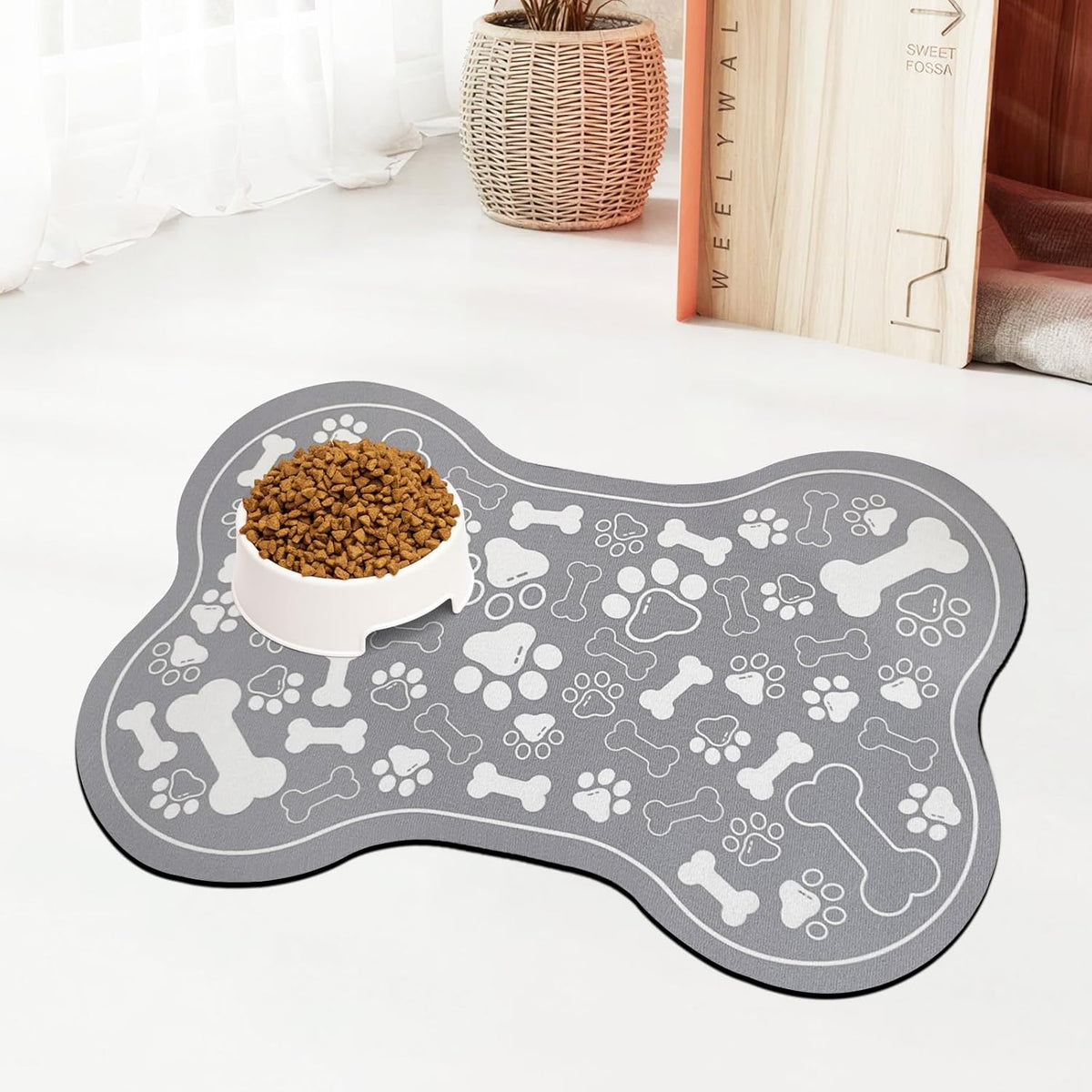 Dog & Cat Food Mat Bone Shaped Pet Feeding Mat Quick Absorb Water Bowl Placemat with Rubber Backing