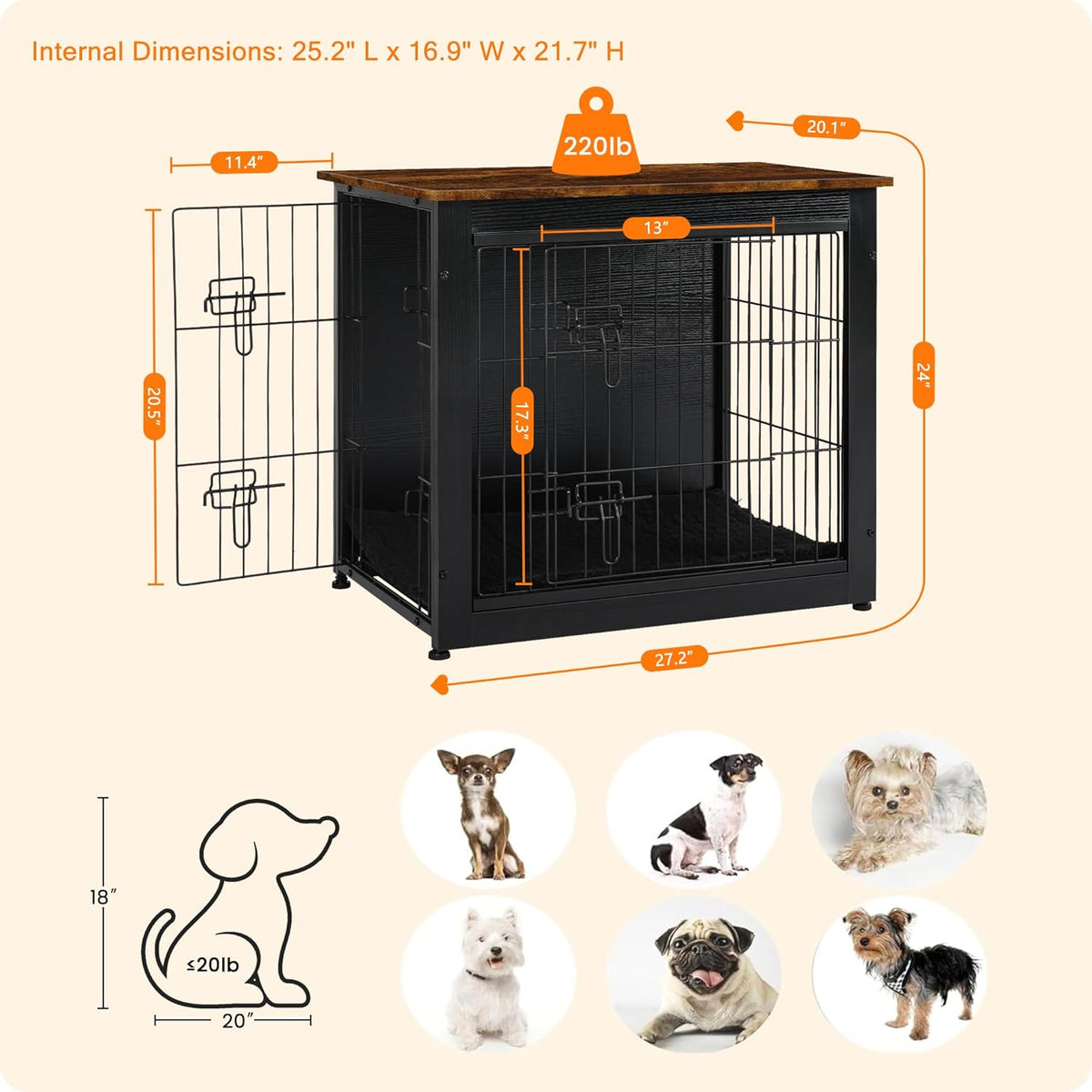 DWANTON Dog Crate Furniture with Cushion, Wooden Kennel Table with Double Doors, Indoor Dog House