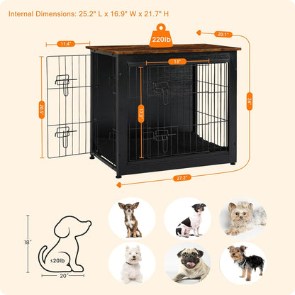 DWANTON Dog Crate Furniture with Cushion, Wooden Kennel Table with Double Doors, Indoor Dog House