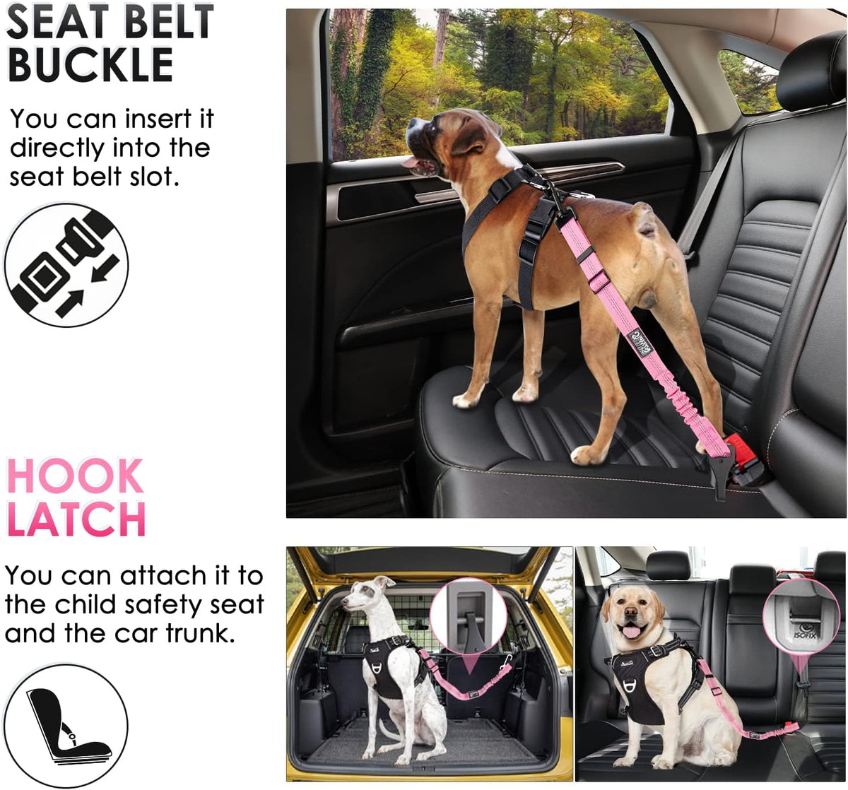 SlowTon Dog Seat Belt, Adjustable Dog Safety Belt Leash, 2 in 1 Latch Bar Attachment Dog Car
