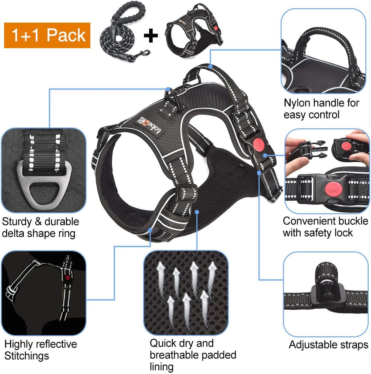 No Pull Harness with A Free Heavy Duty 5ft Leash for Medium Large Dog Adjustable Reflective Oxford