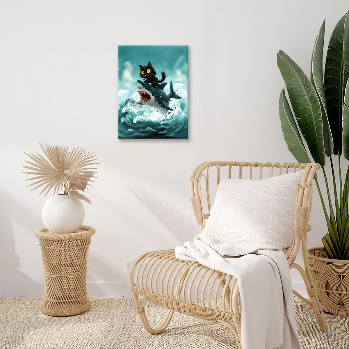 Funny Black Cat Bathroom Wall Art Cute Cat Riding Shark Canvas Wall Decor Animal Kitten Pictures