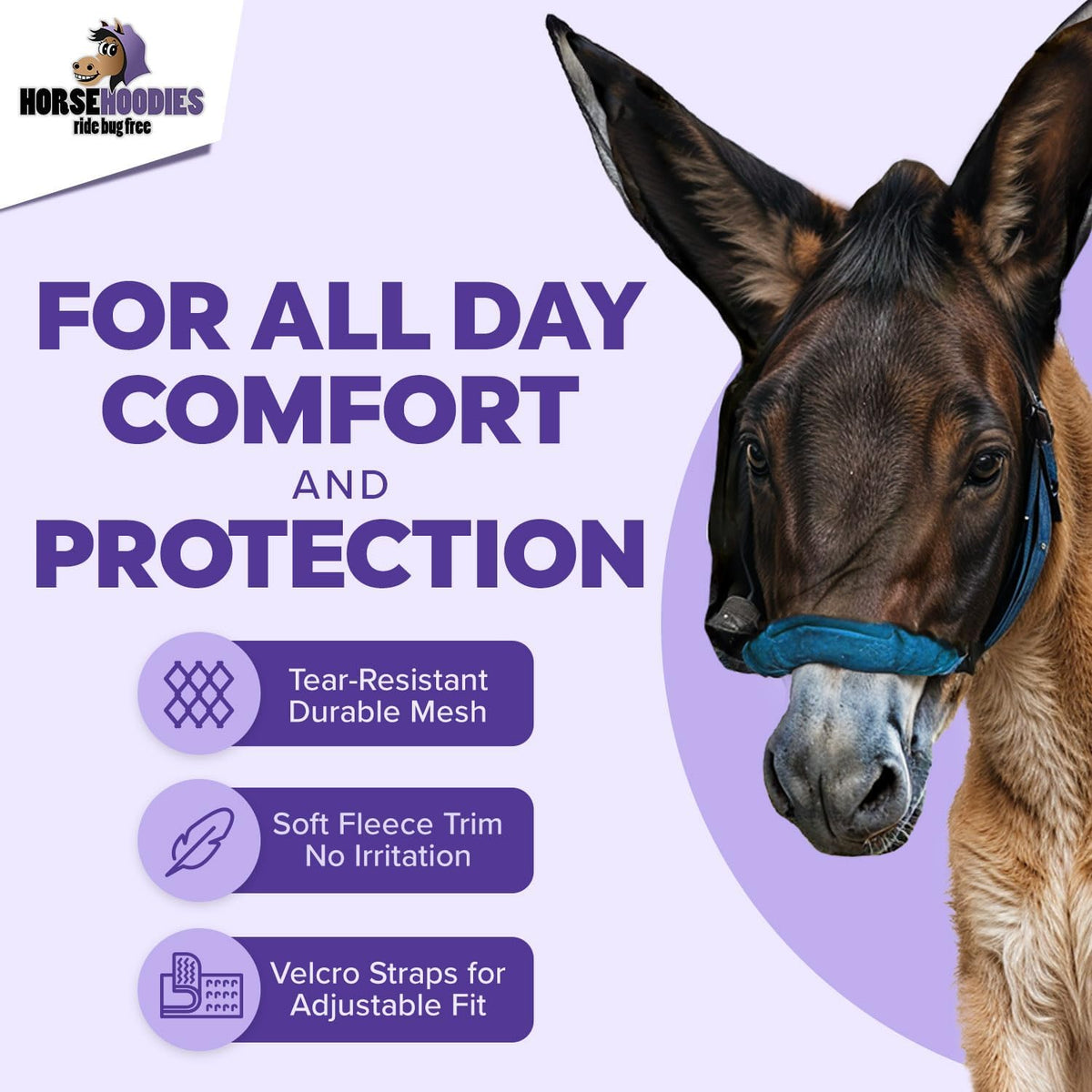 Donkey Fly Mask with Long Ears (Orange) Half Hoodie for Standard Donkey, Made in USA - Mule Fly