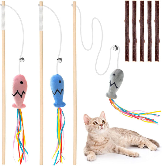 Natural Wood Cat Wand Toy with Ribbon Fish Teaser - 3pcs, 16 Inch, Indoor Cat Exerciser & Playing
