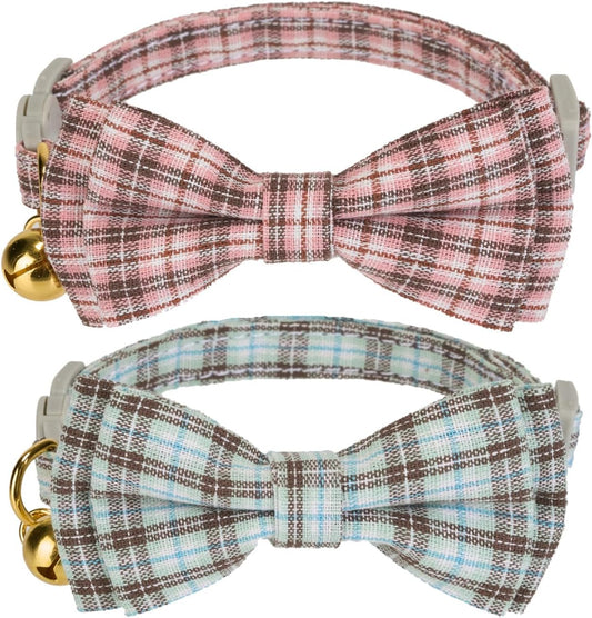 2 Pack Soft Cotton Cat Collars with Bowtie and Bell Breakaway Plaid Cat Kitten Collar(Pink and Jade