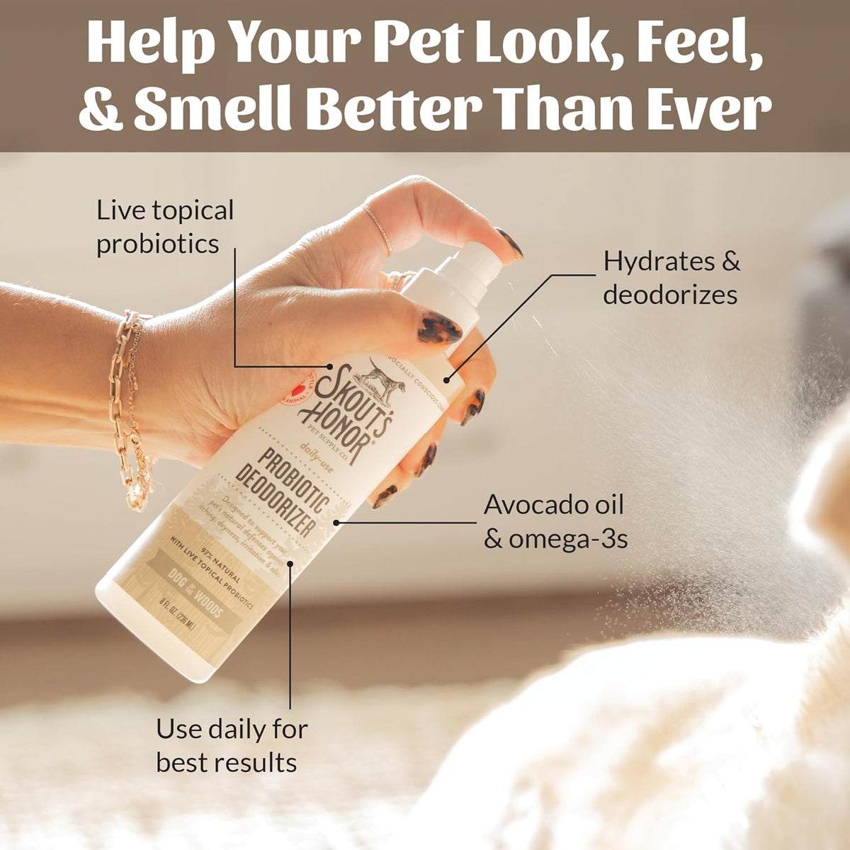 SKOUT'S HONOR Probiotic Pet Deodorizer Spray- Hydrating Daily-Use with Avocado Oil & Omega-3s