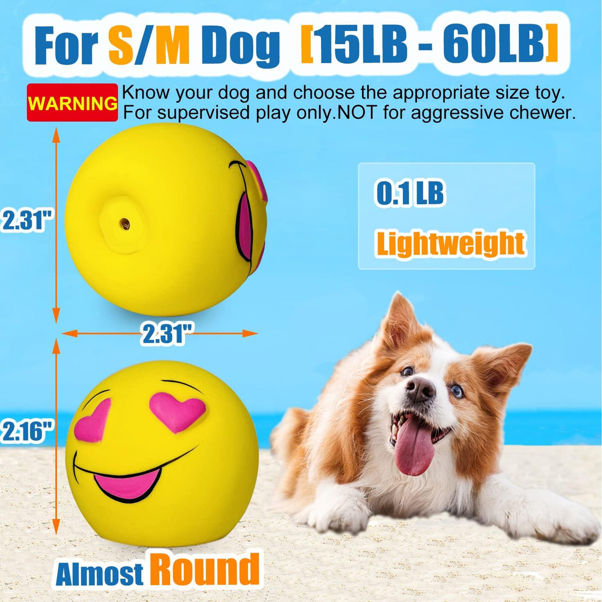 Squeaky Dog Toys for Medium Dogs, Soft Latex Squeaky Dog Balls, Smile Dog Toys 6pcs Round Balls for