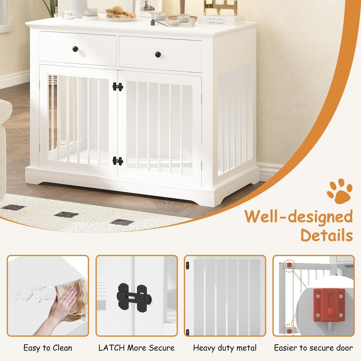 Dog Crate Furniture, 44 Inch Wooden Dog Kennel Indoor with 2 Storage Drawers, Heavy Duty Large