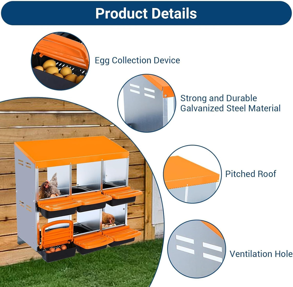 Chicken Nesting Boxes, 6 Hole Metal Chicken Laying Box with with Removable Trays and Roll Out Egg
