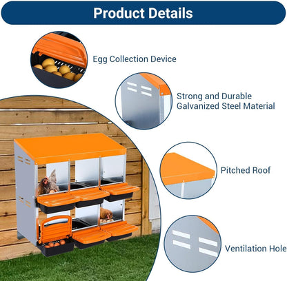 Chicken Nesting Boxes, 6 Hole Metal Chicken Laying Box with with Removable Trays and Roll Out Egg