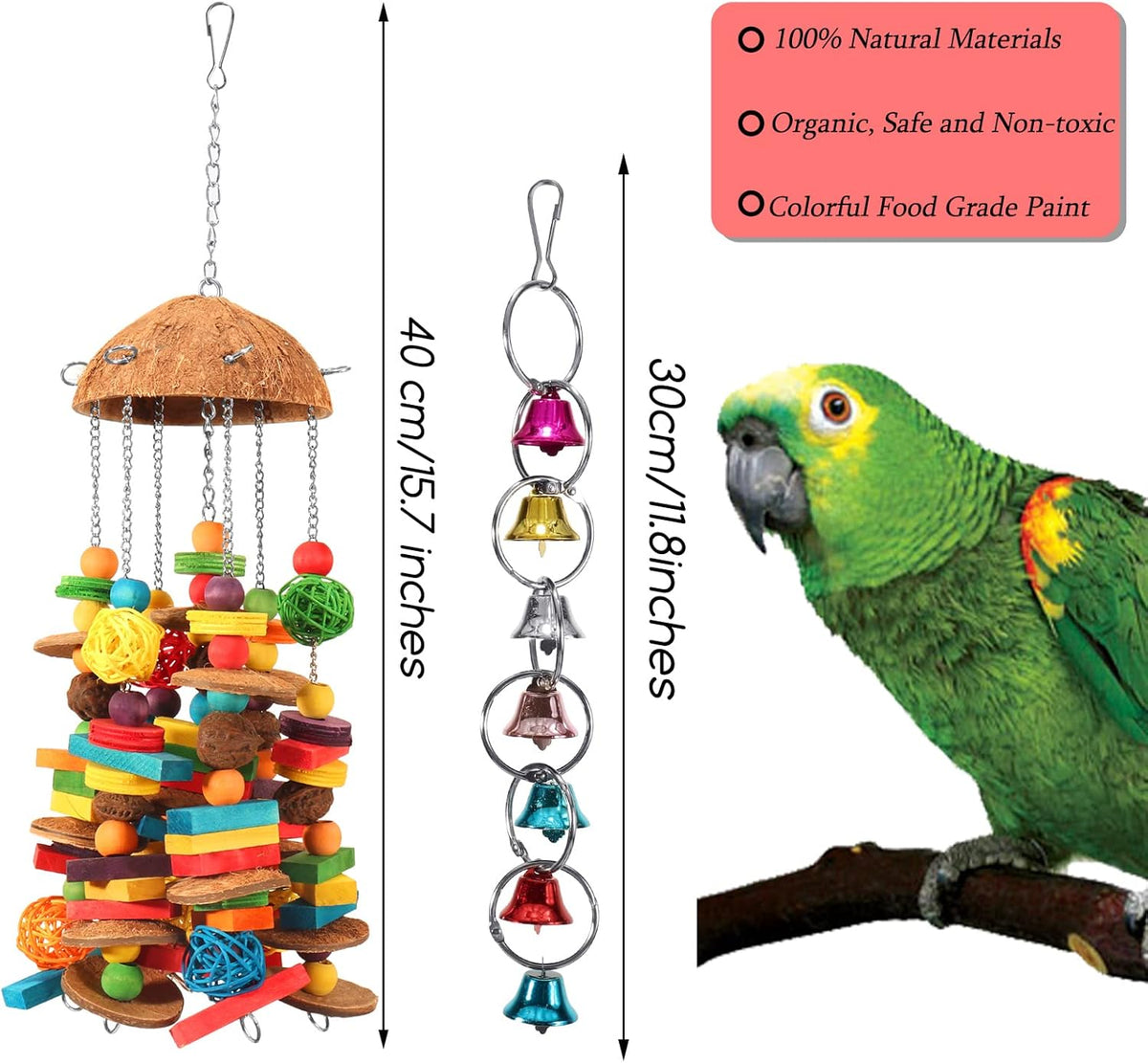Bird Parrot Toys Natural Large Parrot Blocks Toy Colorful Bird Chewing Toys with Bells for Macaw