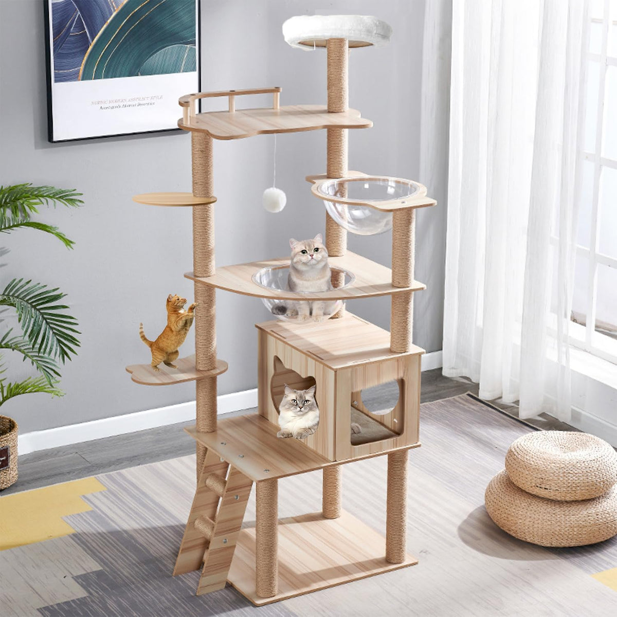 67-Inch Cat Tree for Indoor Cats Large Adult,Cat Tree Tower with Condo, Cat Stairs, 2 Bowl,14 Sisal