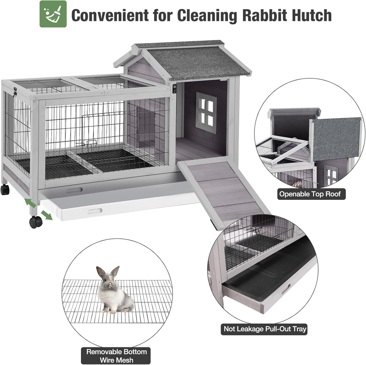 Wooden Rabbit Hutch Indoor and Outdoor, Rabbit Cage with Removable Wire Netting and Leak Proof