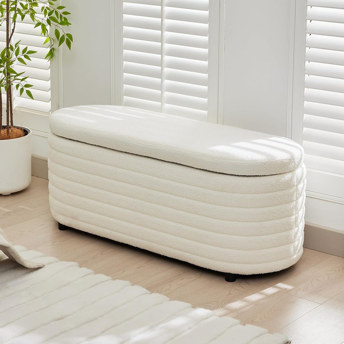Storage Teddy Ottoman Bench Upholstered Fabric Storage Bench End of Bed Stool with Safety Hinge for