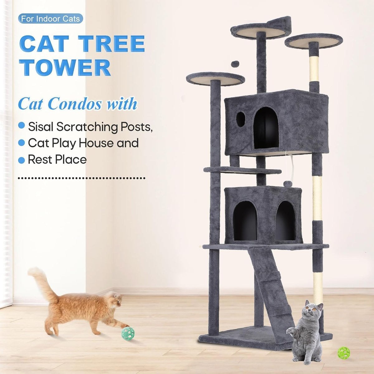FDW Cat Tree Tower 81in Multi-Level Durable Cat Scratching Post & Cozy Fun Jumping Platform Space